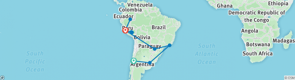 Image of a map showing the route of the tour