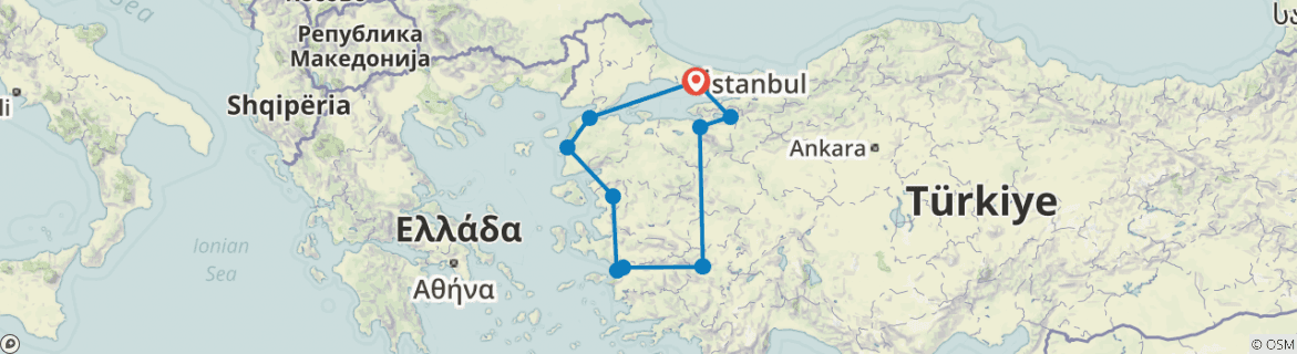 Image of a map showing the route of the tour