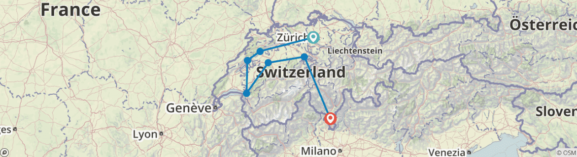 Image of a map showing the route of the tour