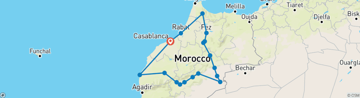 Image of a map showing the route of the tour