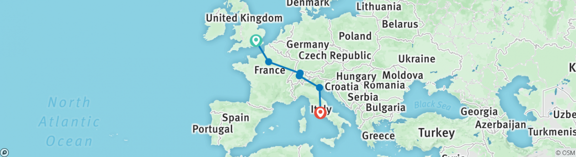 Image of a map showing the route of the tour