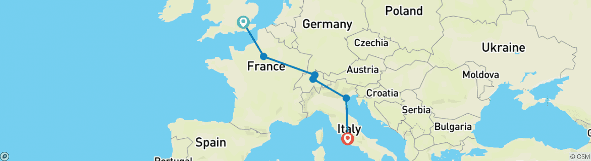 Image of a map showing the route of the tour