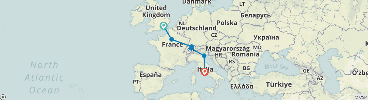Image of a map showing the route of the tour