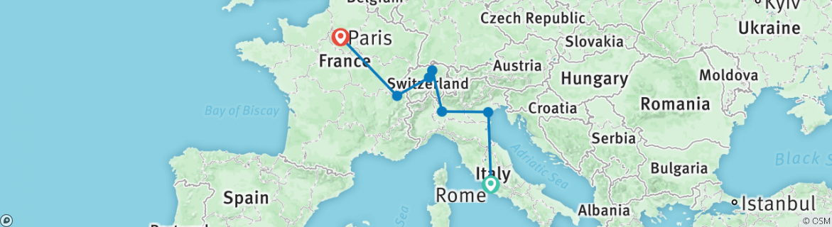 Image of a map showing the route of the tour