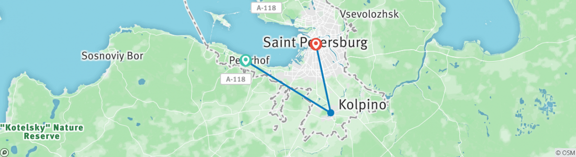Image of a map showing the route of the tour