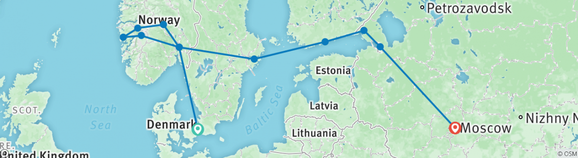 Image of a map showing the route of the tour