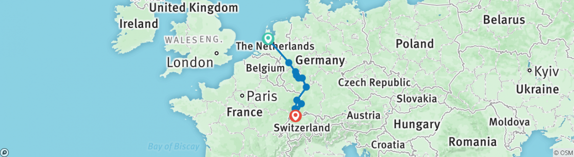 Image of a map showing the route of the tour