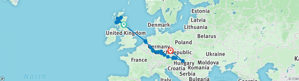 Image of a map showing the route of the tour