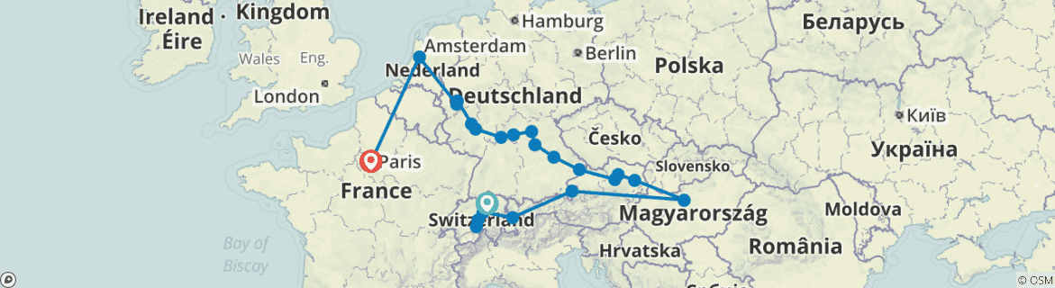 Image of a map showing the route of the tour
