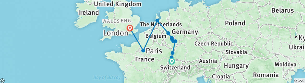 Image of a map showing the route of the tour