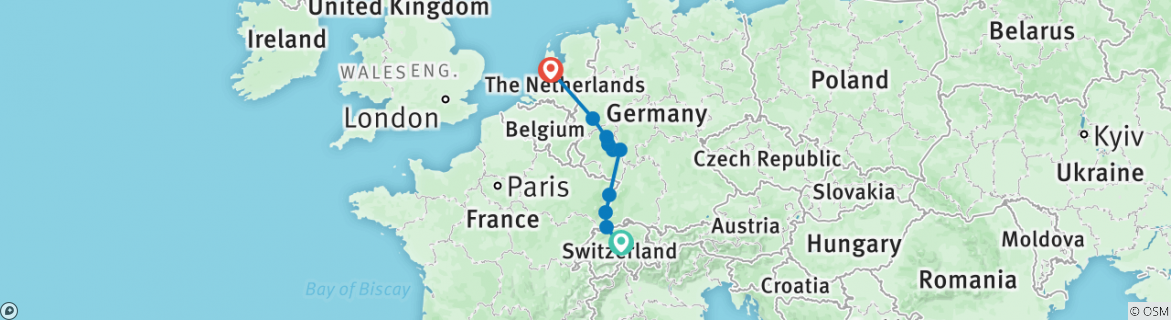 Image of a map showing the route of the tour