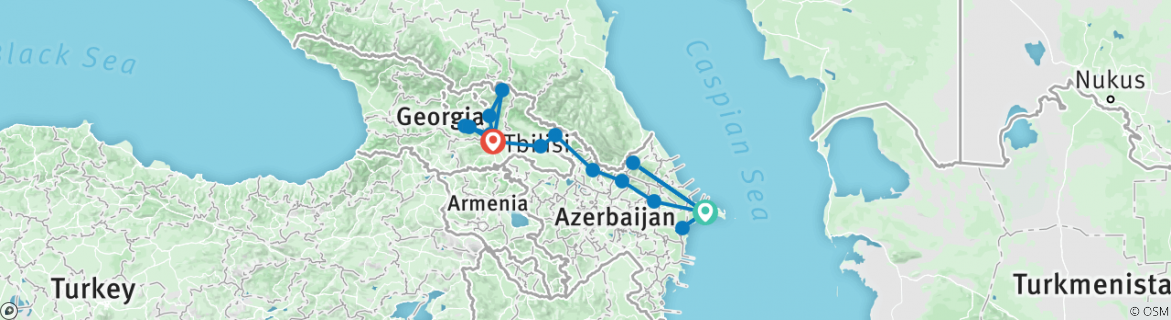 Image of a map showing the route of the tour