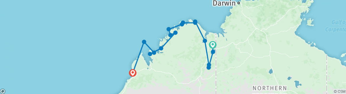 Image of a map showing the route of the tour