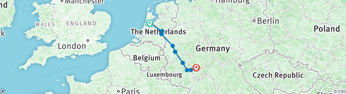 Image of a map showing the route of the tour