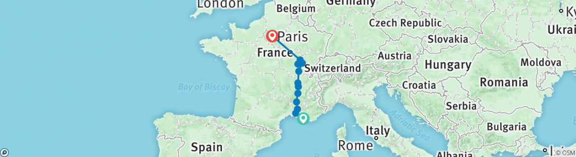 Image of a map showing the route of the tour