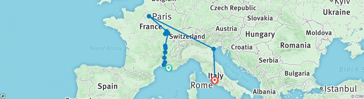Image of a map showing the route of the tour