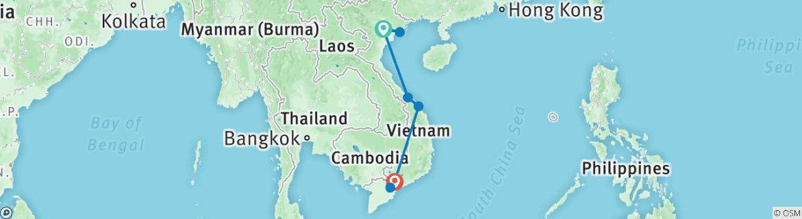 Image of a map showing the route of the tour