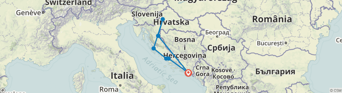 Image of a map showing the route of the tour