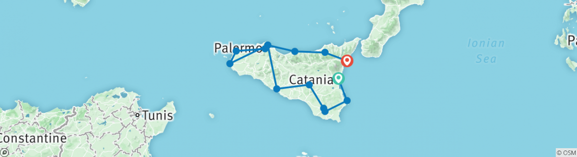 Image of a map showing the route of the tour
