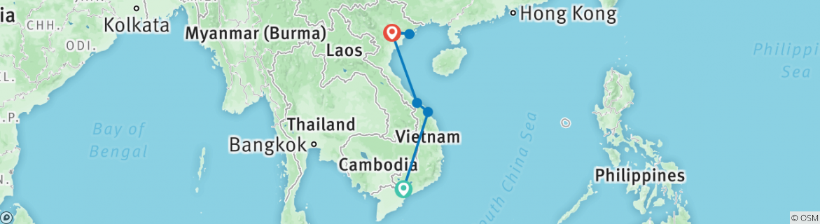 Image of a map showing the route of the tour
