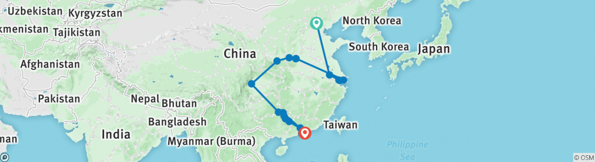 Image of a map showing the route of the tour