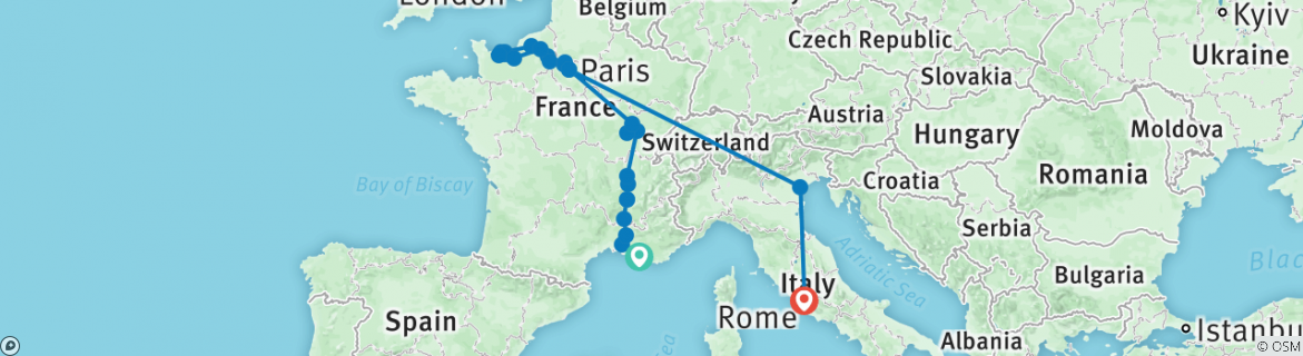 Image of a map showing the route of the tour
