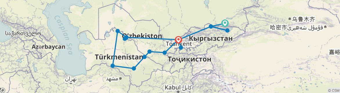 Image of a map showing the route of the tour