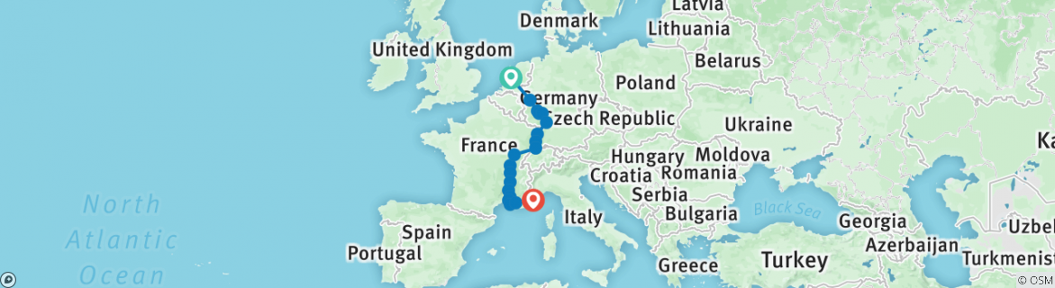 Image of a map showing the route of the tour
