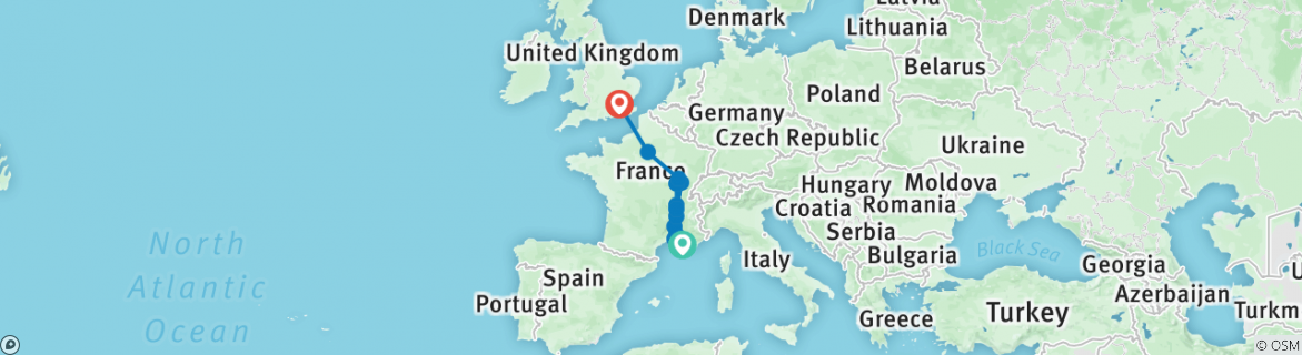 Image of a map showing the route of the tour
