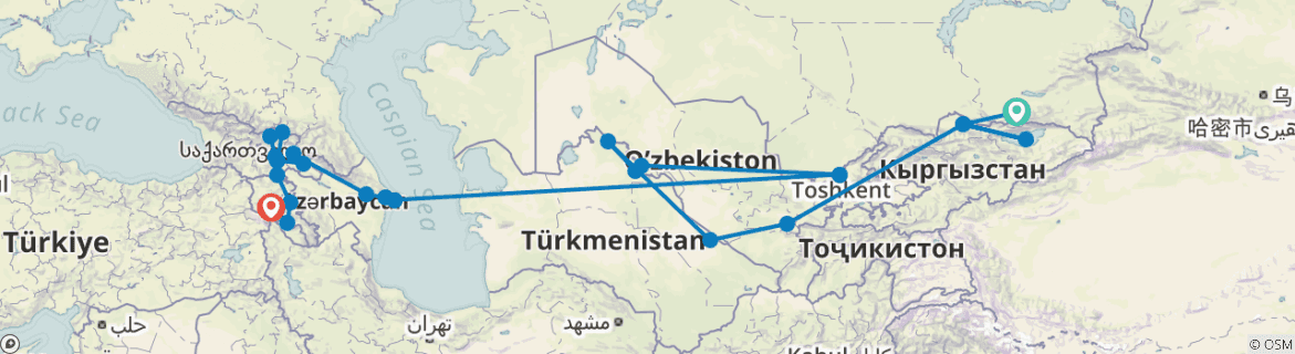 Image of a map showing the route of the tour