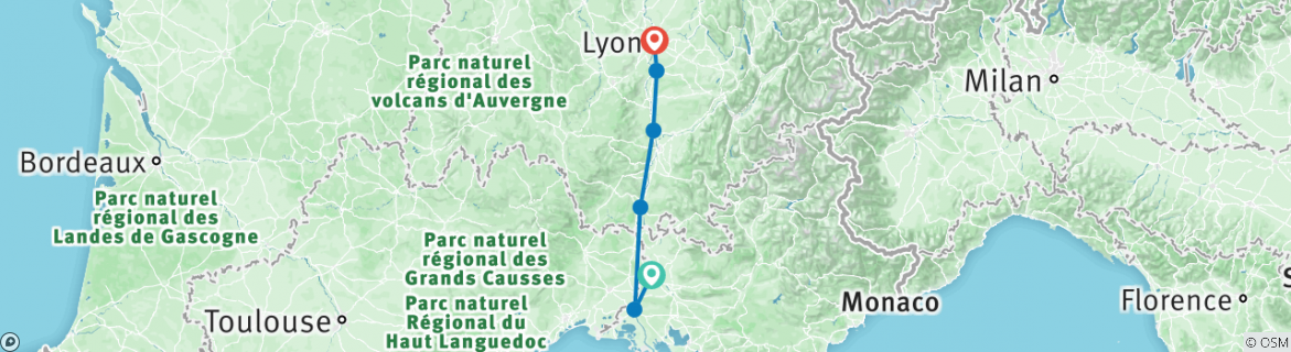 Image of a map showing the route of the tour