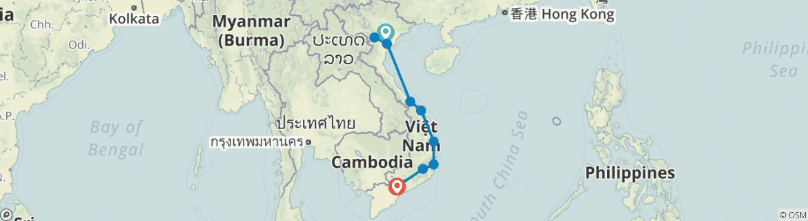 Image of a map showing the route of the tour