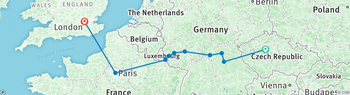 Image of a map showing the route of the tour