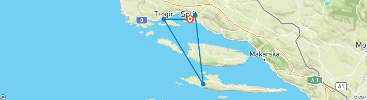 Image of a map showing the route of the tour