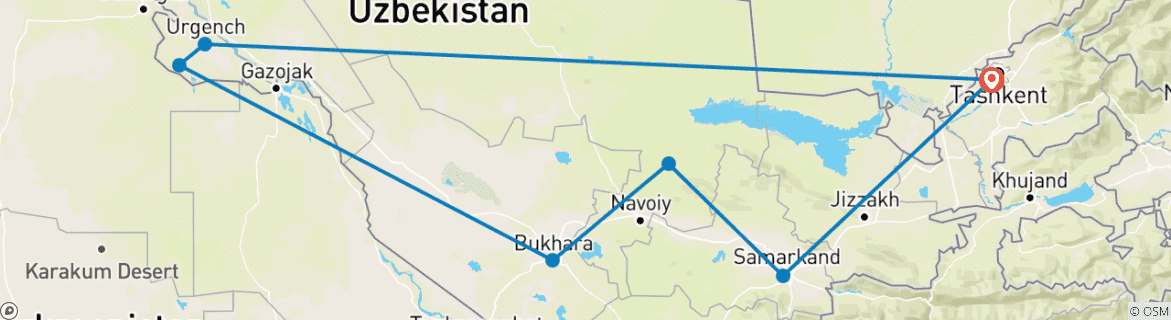 Image of a map showing the route of the tour