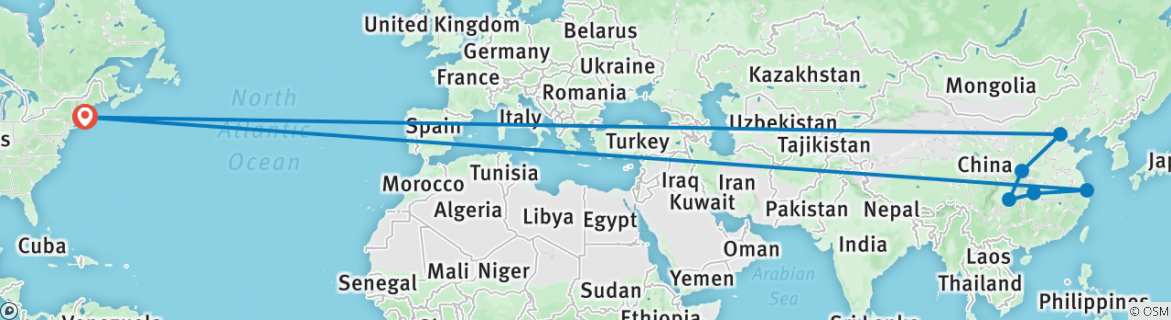 Image of a map showing the route of the tour