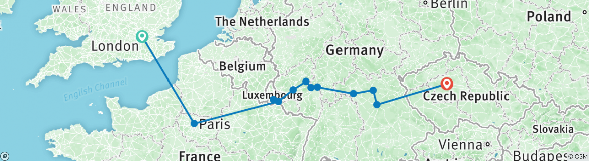Image of a map showing the route of the tour