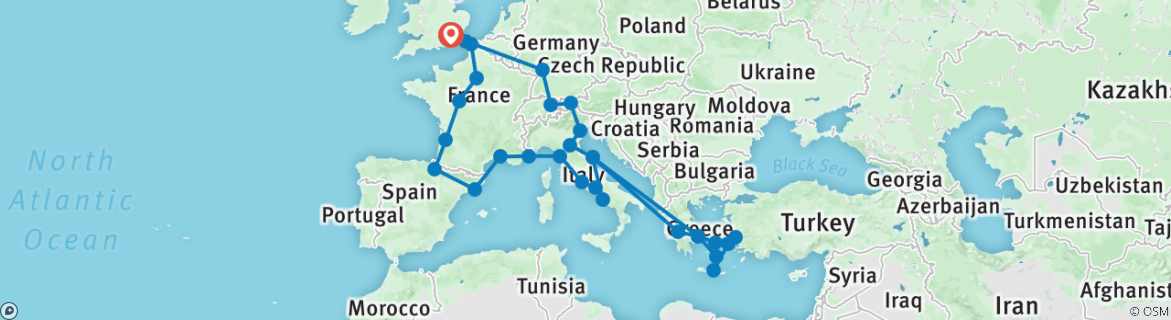 Image of a map showing the route of the tour