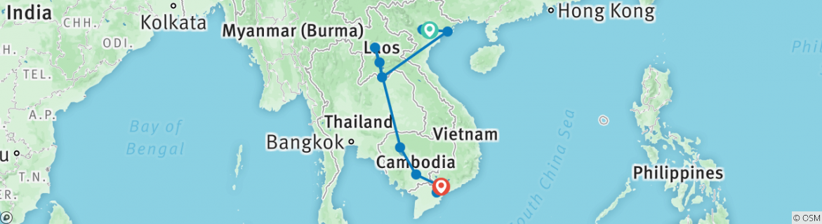 Image of a map showing the route of the tour