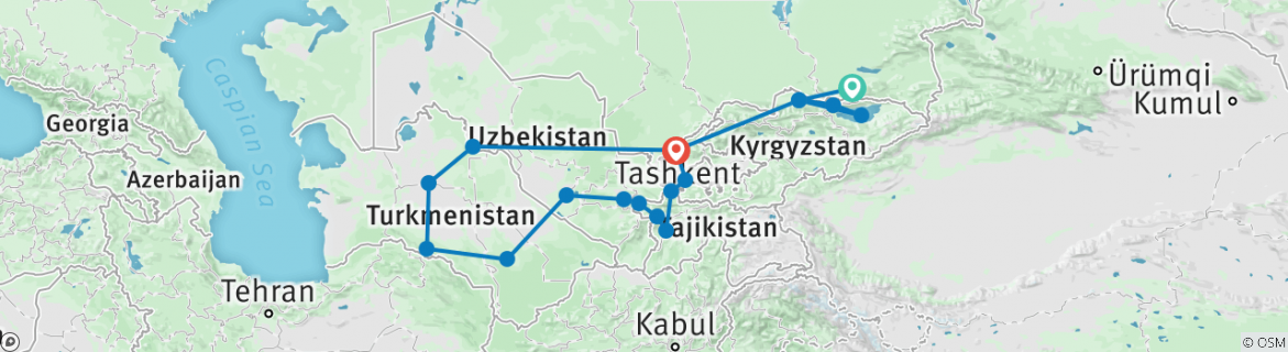 Image of a map showing the route of the tour