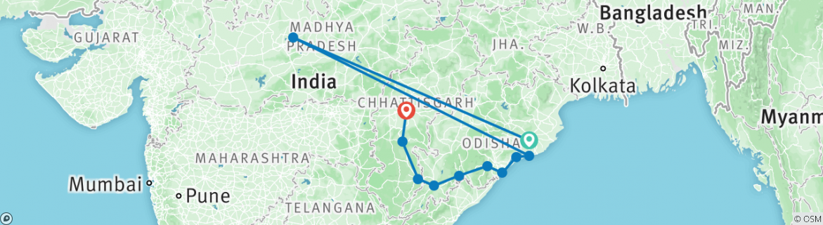 Image of a map showing the route of the tour