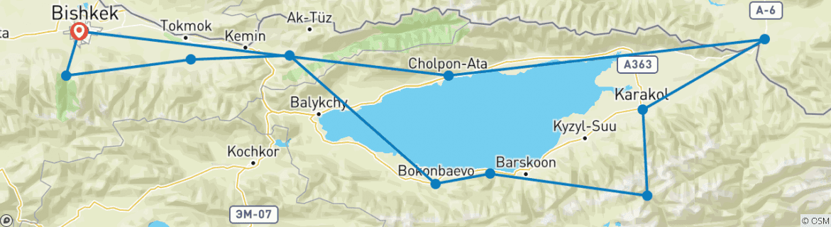 Image of a map showing the route of the tour