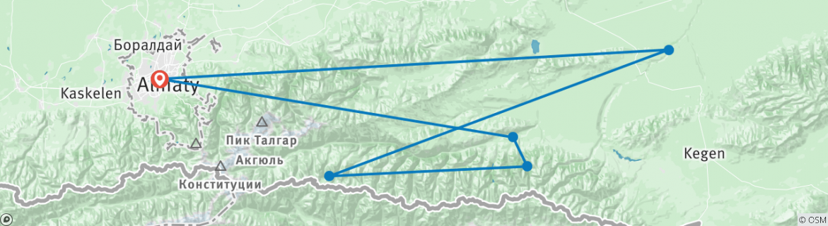 Image of a map showing the route of the tour