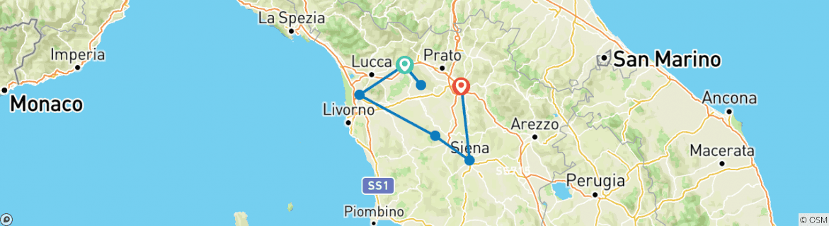 Image of a map showing the route of the tour