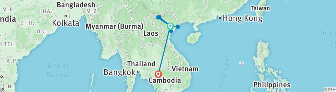 Image of a map showing the route of the tour
