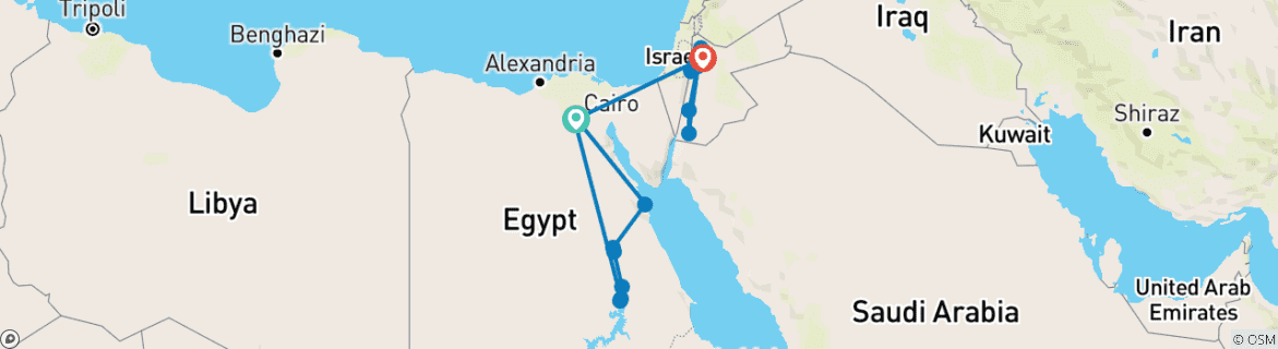 Image of a map showing the route of the tour