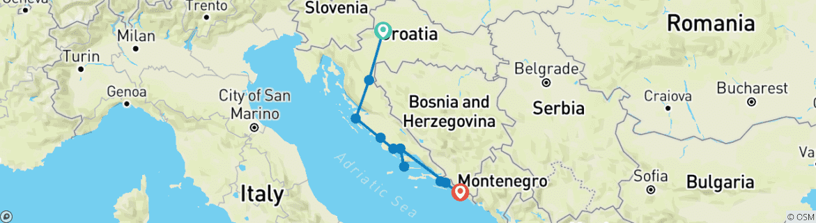Image of a map showing the route of the tour