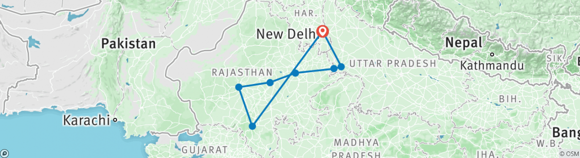 Image of a map showing the route of the tour
