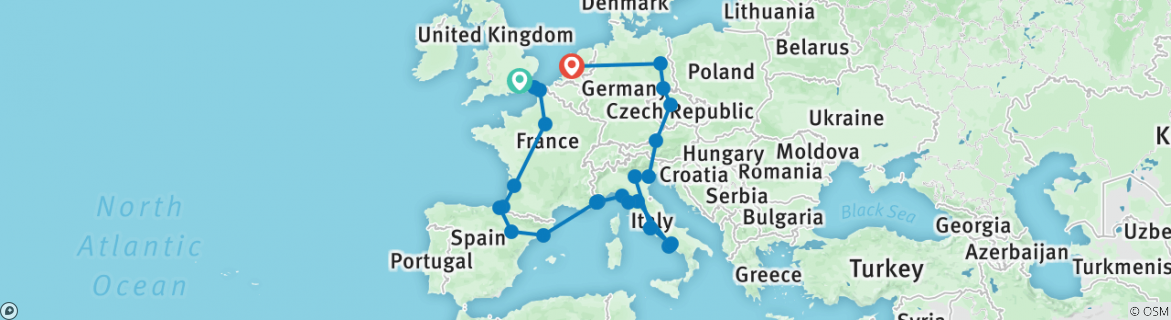 Image of a map showing the route of the tour