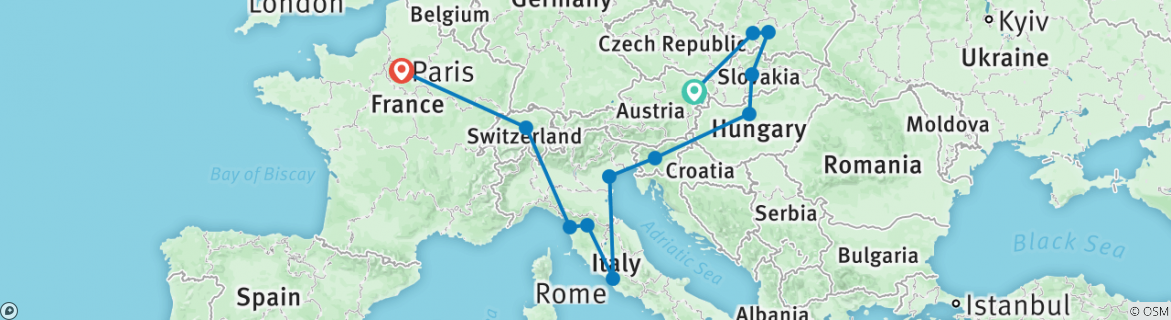 Image of a map showing the route of the tour